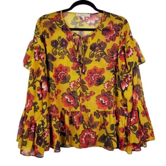 Loft Womens Bell Sleeve Yellow Red Floral Print Ruffle Chiffon Top Size M - Picture 1 of 9